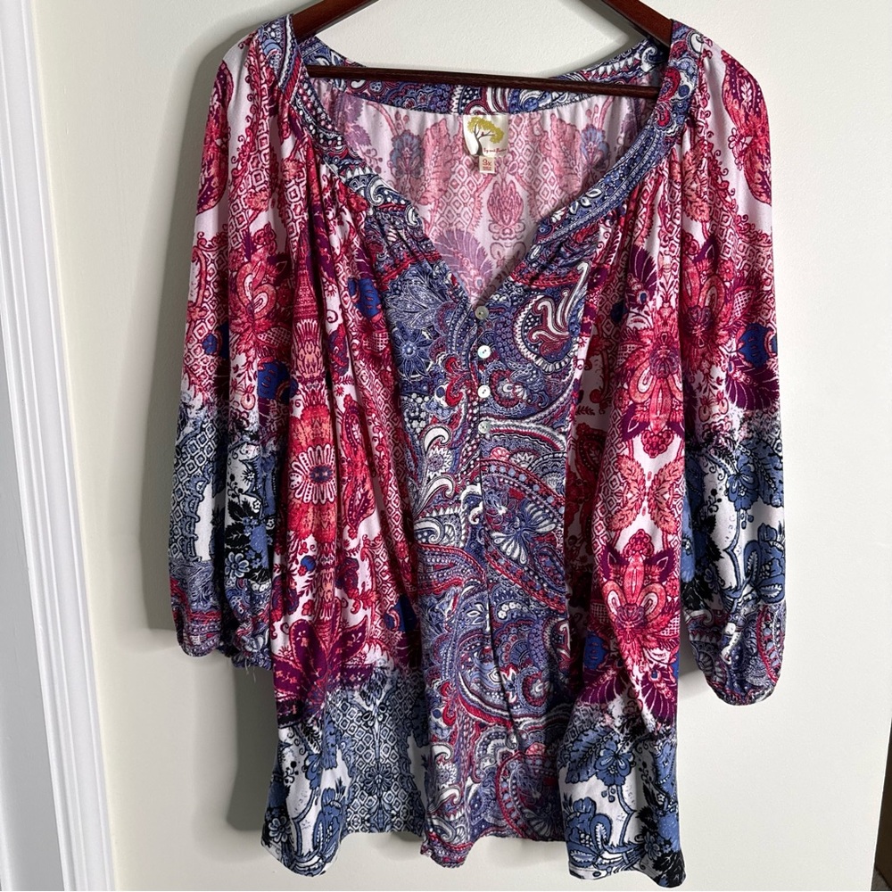 Anthropologie Pink Blue Paisley Popover Blouse